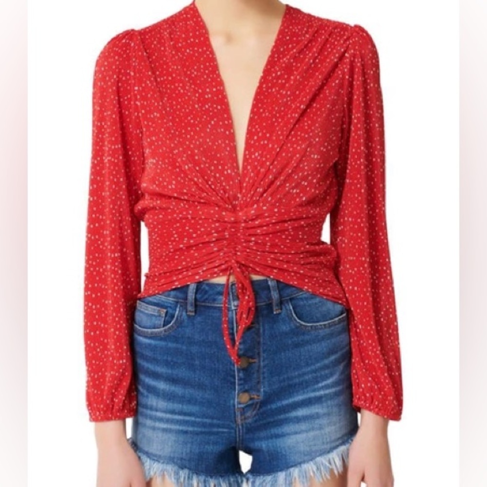MAJE Red Pleated Plisse Polka Dot Top
